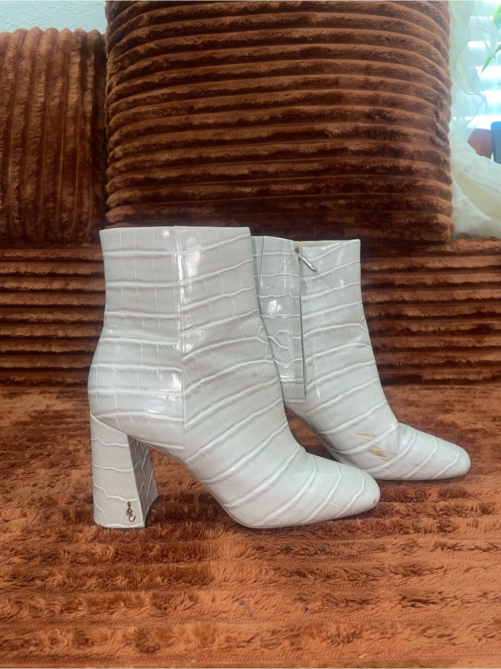 Sam Edelman White Croc-Embossed Block Heel Ankle Boots